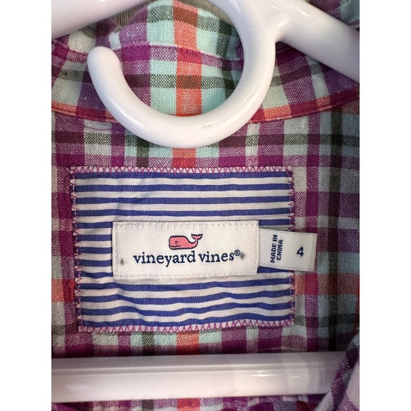 Vineyard Vines Shirt Womens Sz 4‎ Fuchsia Pink Plaid 1/2 Button Linen Blend - Picture 7 of 9